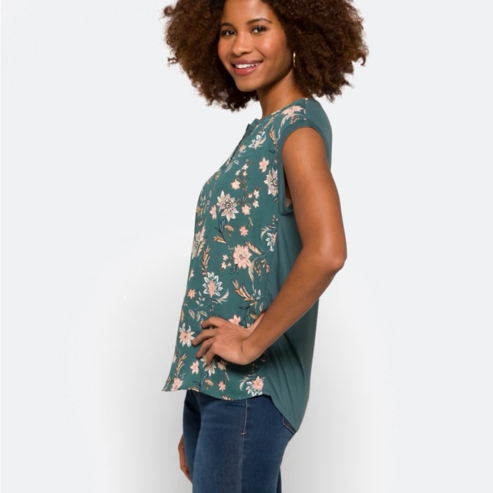 NWOT Papermoon Reece Mixed Material Teal Floral Cap-Sleeve Blouse Worn Once